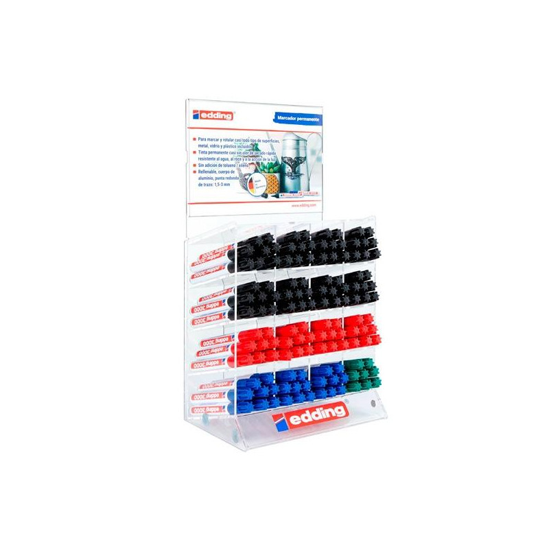 (4-73000-M) EDDING MARCADOR PERMANENTE 3000 GAMA BÁSICA COLORES SURTIDOS EXPOSITOR 128 UD