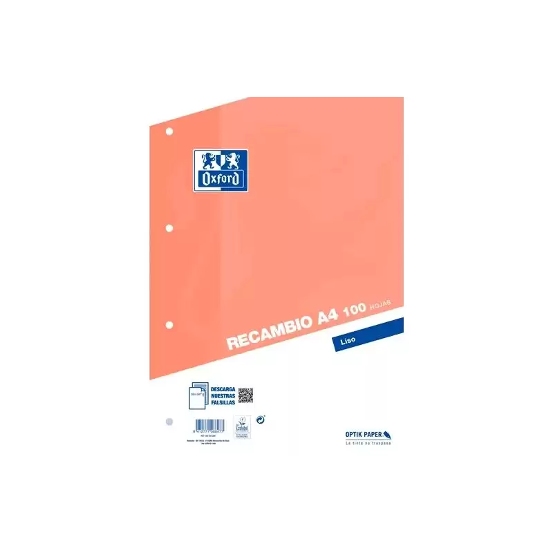 (400173742) OXFORD RECAMBIO CLASSIC 100H A4 SUELTAS 90GR LISO 4 TALADROS NARANJA