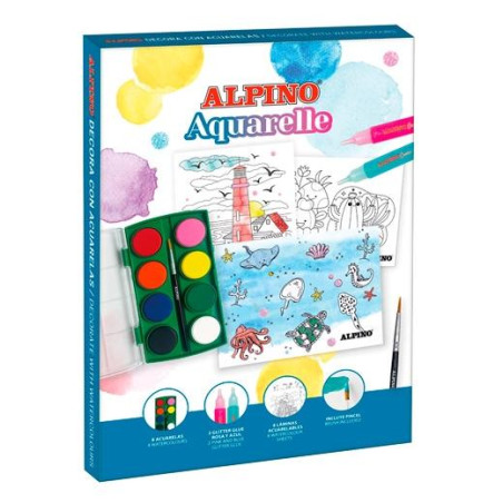 (AD000002) ALPINO SET CREATIVO DECOR AQUARELLE 6 ACUARELAS + 8 LÁMINAS + 2 GLITTER GLUE