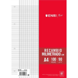 (400158544) ENRI RECAMBIO PLUS 100H A4 90GR MILIMETRADO C/MARGEN 4 TALADROS BLANCO