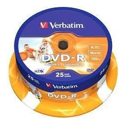 (43538) VERBATIM DVD-R, 4.7GB, 16X, 25 PACK SPINDLE, SUPERFICIE WIDE INKJET PRINTABLE (21 -118MM)