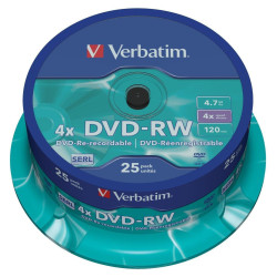 (43639) VERBATIM DVD-RW, 4.7GB, 4X, 25 PACK SPINDLE, SUPERFICIE MATT SILVER REGRABABLE
