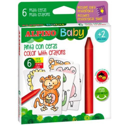 (DA002006) ALPINO CERAS BABY "LA JUNGLA" PARA BEBÉS CON CARTAS PARA COLOREAR ESTUCHE DE 6 C/SURTIDOS