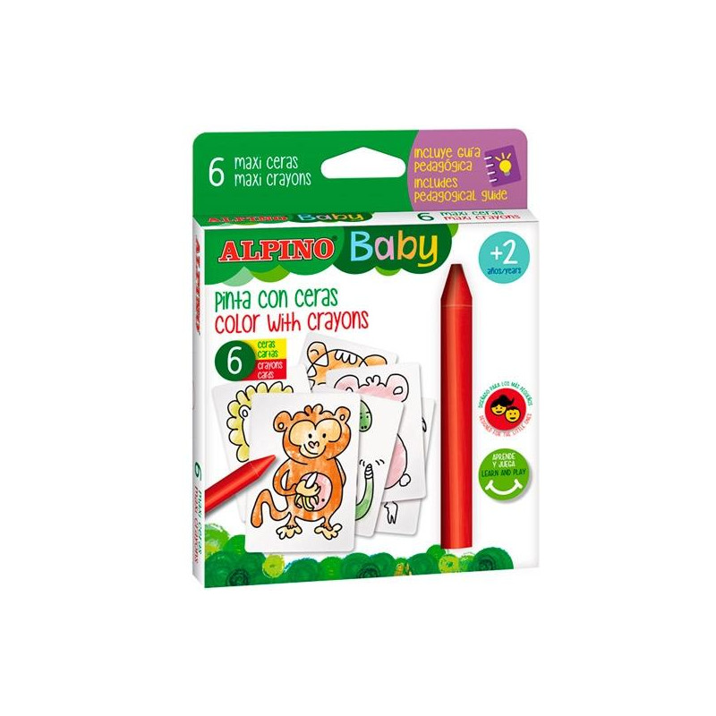 (DA002006) ALPINO CERAS BABY "LA JUNGLA" PARA BEBÉS CON CARTAS PARA COLOREAR ESTUCHE DE 6 C/SURTIDOS