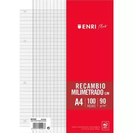 (400158544) ENRI RECAMBIO PLUS 100H A4 90GR MILIMETRADO C/MARGEN 4 TALADROS BLANCO