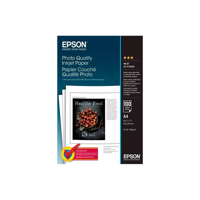(C13S041061) EPSON PAPEL FOTOGRÁFICO PHOTO QUALITY A4 102GR INKJET PAQUETE 100H BLANCO