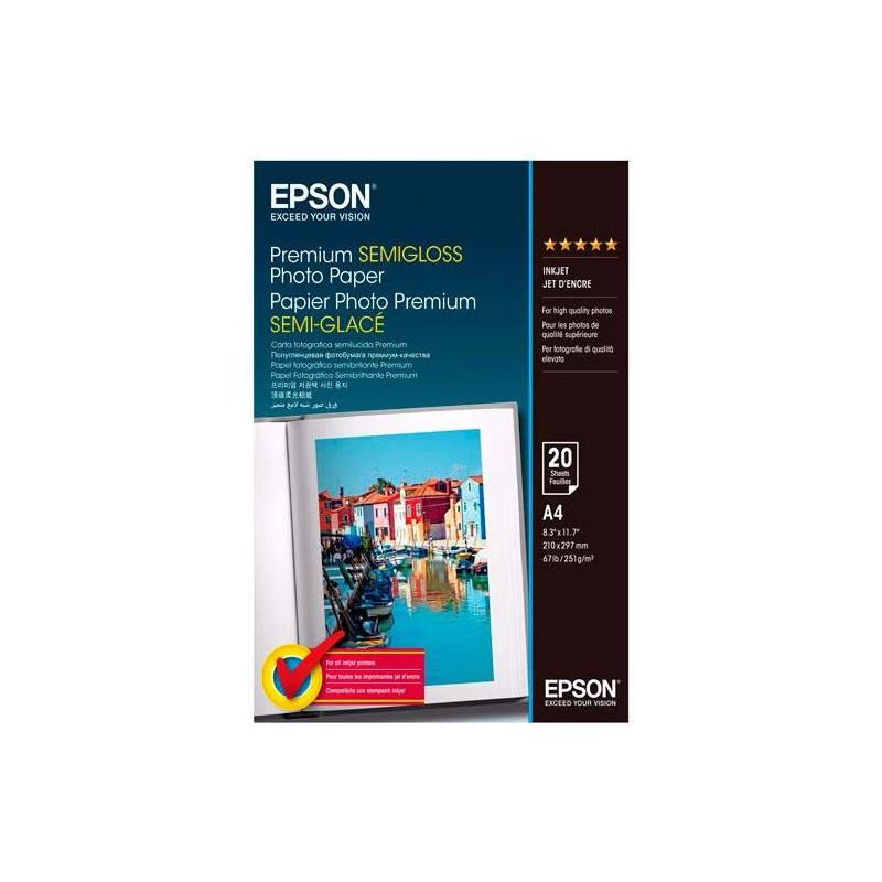 (C13S041332) EPSON PAPEL FOTOGRÁFICO PREMIUM SEMIGLOSS A4 251GR INKJET PAQUETE 20H BLANCO SEMIBRILLO