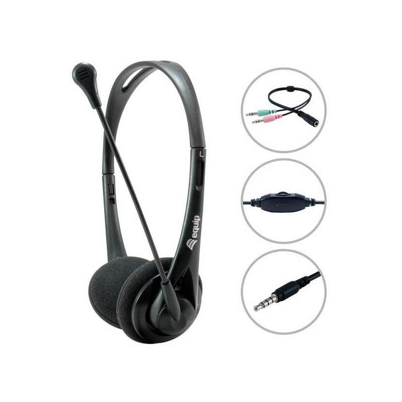 (245302) EQUIP AURICULARES ESTÉREO JACK 3.5MM ULTRALIGEROS CON MICRÓFONO FLEXIBLE AJUSTABLE NEGRO