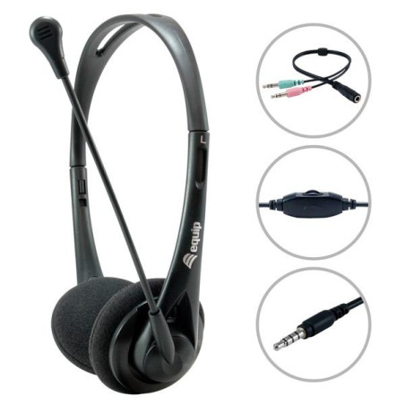 (245302) EQUIP AURICULARES ESTÉREO JACK 3.5MM ULTRALIGEROS CON MICRÓFONO FLEXIBLE AJUSTABLE NEGRO