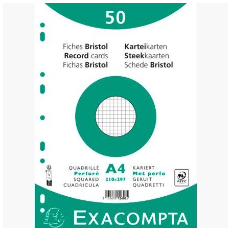 (12606E) EXACOMPTA FICHAS CARTULINA BRISTOL TALADRO A4 CUADRÍCULA 5X5 PACK DE 50 BLANCO