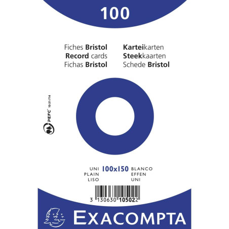 (10502E) EXACOMPTA PAQUETE 100 FICHAS CARTULINA BRISTOL RETRACTIL LISO SIN TALADRO 100X150MM BLANCO