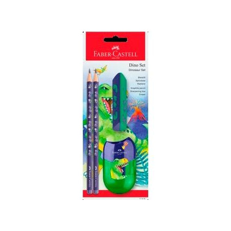 (111519) FABER CASTELL SET 2 LÁPICES GRAFITO DINOSAURIO HB COLOR AZUL + GOMA + AFILALÁPICES