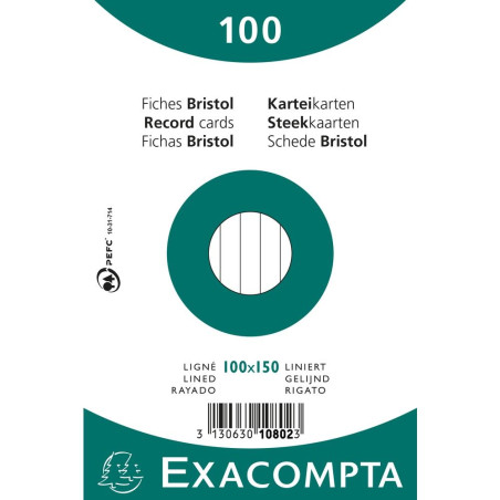 (10802X) EXACOMPTA PAQUETE 100 FICHAS CARTULINA BRISTOL RETRACTIL LINEA HORIZONTAL SIN TALADRO 100X150MM BLANCO