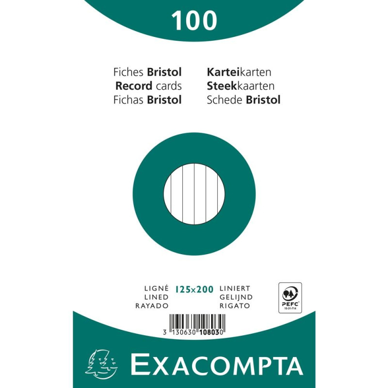 (10803X) EXACOMPTA PAQUETE 100 FICHAS CARTULINA BRISTOL RETRACTIL LINEA HORIZONTAL SIN TALADRO 125X200MM BLANCO