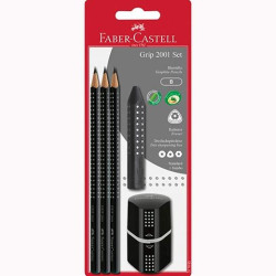 (217093) FABER CASTELL SET 2001 GRIP 3 LÁPICES DE GRAFITO + GOMA + SACAPUNTAS NEGRO EN BLISTER