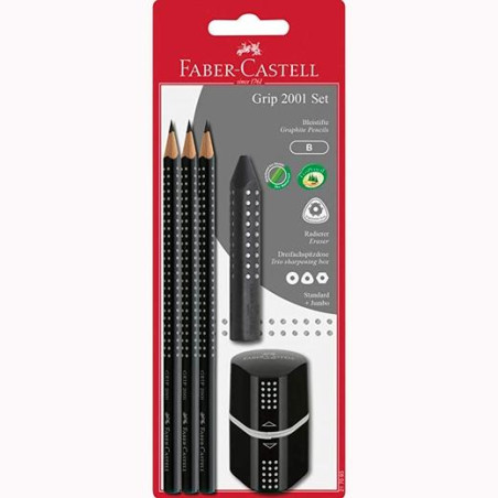 (217093) FABER CASTELL SET 2001 GRIP 3 LÁPICES DE GRAFITO + GOMA + SACAPUNTAS NEGRO EN BLISTER