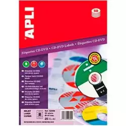 (02899) APLI ETIQUETAS ADHESIVAS PARA CD-DVD TAMAÑO CLÁSICO INKJET/LÁSER 2 X 25H DORSO OPACO