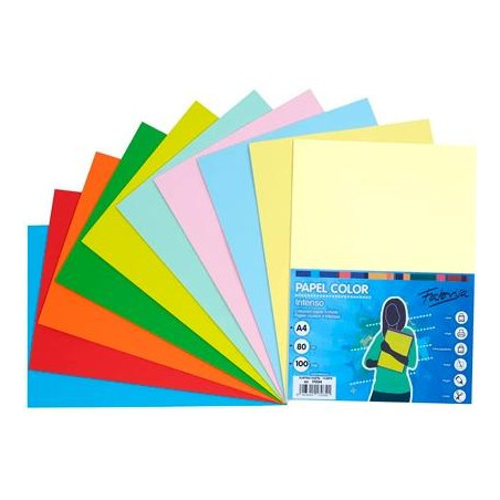 (17034) FABRISA PAPEL DIN A4 80GR INKJET/LÁSER PAQUETE 100H RETRACTILADO COLORES SURTIDOS PASTEL + FUERTES