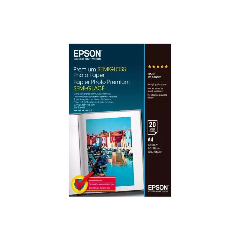 (C13S041332) EPSON PAPEL FOTOGRÁFICO PREMIUM SEMIGLOSS A4 251GR INKJET PAQUETE 20H BLANCO SEMIBRILLO
