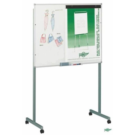 (11-D4) FAIBO PIZARRA BLANCA ESTRATIFICADA BLANCA CON PINZAS PARA BLOCS Y SOPORTE METÁLICO CON RUEDAS CON CAJETIN 122X150CM
