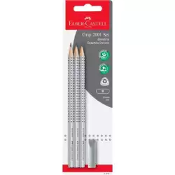 (117097) FABER CASTELL SET DE LÁPICES DE GRAFITO GRIP 2001 B + GOMA CAPUCHÓN EN BLISTER DE 4 PIEZAS