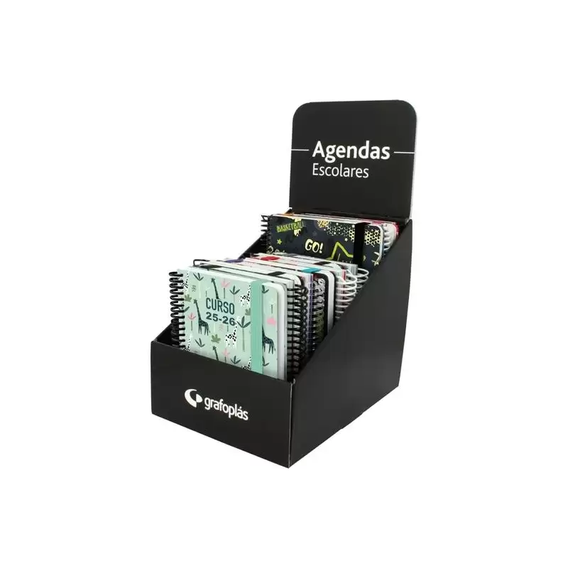 (705346) GRAFOPLÁS AGENDAS ESCOLARES A6 DP ESPIRAL TAPA FORRADA SOFT SURTIDO DISEÑO EXPOSITOR 12 UD