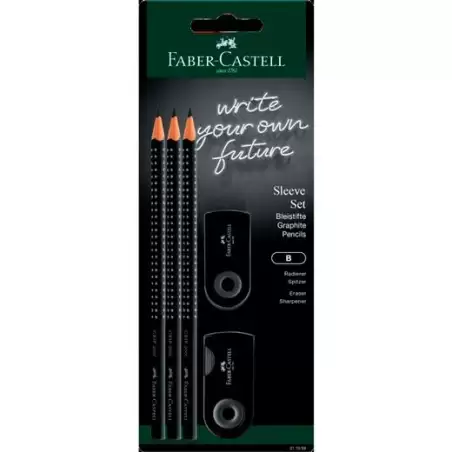 (217086) FABER CASTELL SET 3 LÁPICES GRAFITO GRIP + ACCESORIOS SLEEVE BLÍSTER