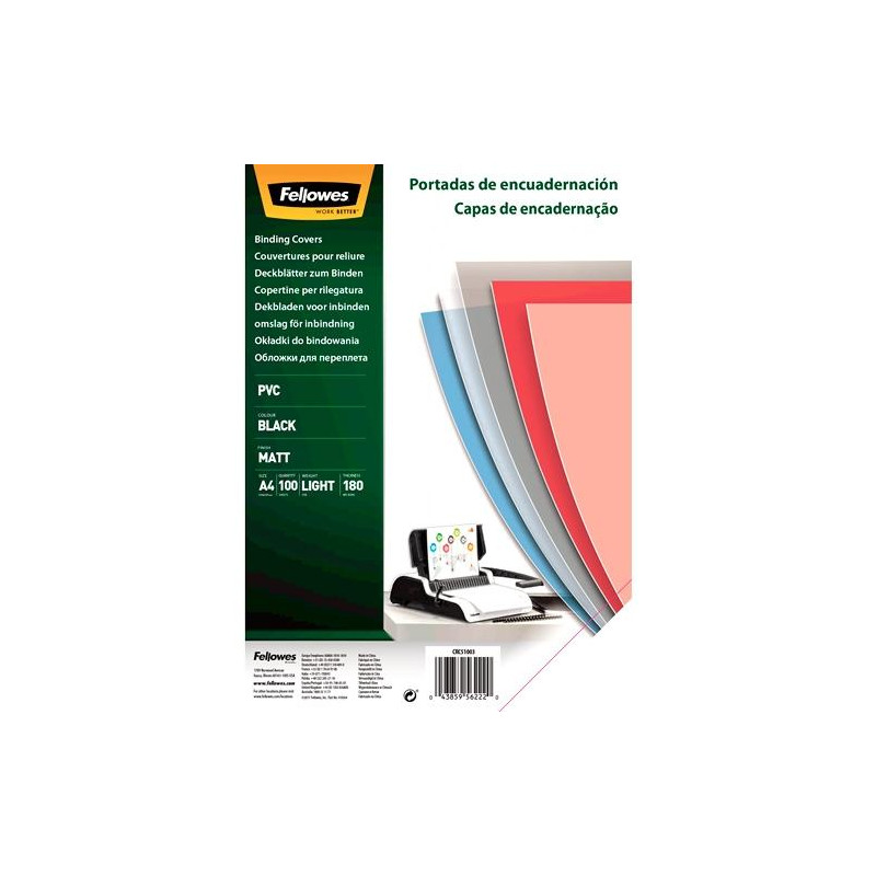(5100301) FELLOWES TAPAS ENCUADERNACIÓN A4 180 MICRAS PVC OPACO NEGRO PACK 100 UD