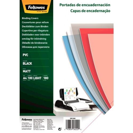 (5100301) FELLOWES TAPAS ENCUADERNACIÓN A4 180 MICRAS PVC OPACO NEGRO PACK 100 UD