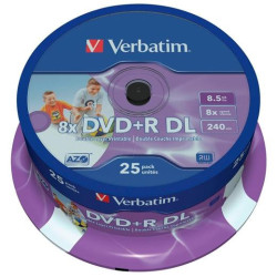 (43667) VERBATIM DVD+R DOBLE CAPA, 8.5GB, 8X, 25 PACK SPINDLE, SUPERFICIE MATT INKJET PRINTABLE  (21   118MM)