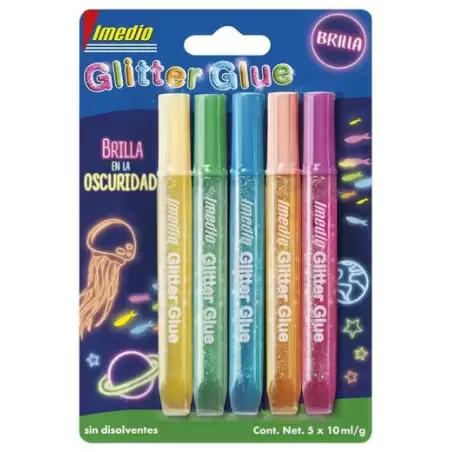 (7001470) IMEDIO ADHESIVO GLITTER GLUE BRILLA EN LA OSCURIDAD TUBO 10ML BLÍSTER 5 C/SURTIDOS