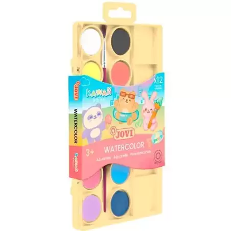 (KW800/12) JOVI ACUARELAS KAWAII EN PASTILLAS 22MM CON PINCEL C/SURTIDOS ESTUCHE 12 UD
