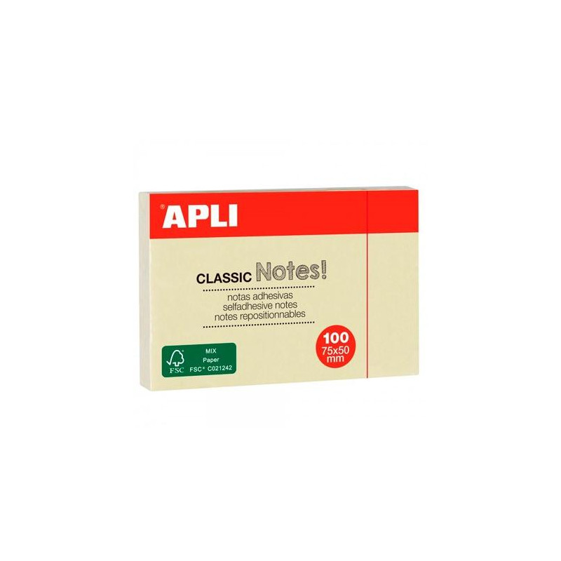 (10971) APLI BLOC NOTAS ADHESIVAS CLASSIC REPOSICIONABLES 100H 75X50 AMARILLO PACK 12 UD