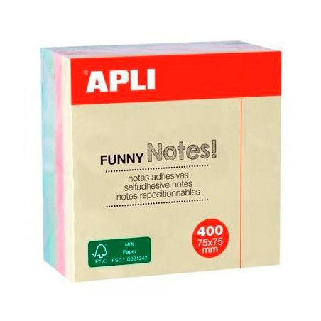 (10972) APLI CUBO DE NOTAS ADHESIVAS FUNNY 75X75MM CUBO DE 400H COLORES SURTIDOS PASTEL