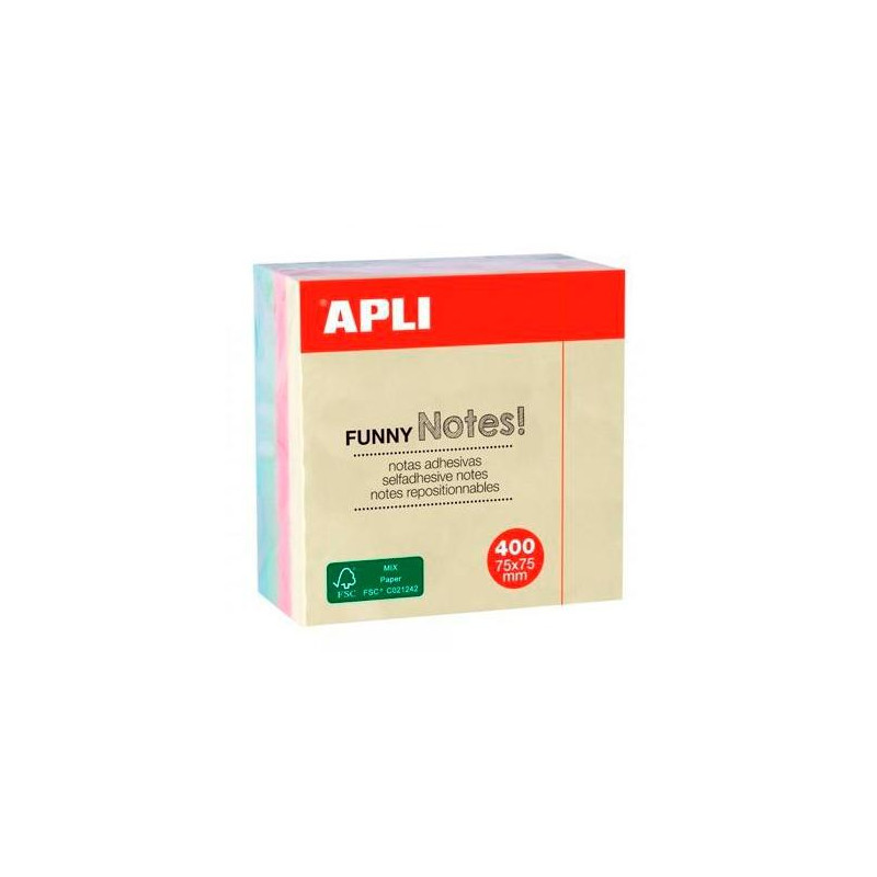 (10972) APLI CUBO DE NOTAS ADHESIVAS FUNNY 75X75MM CUBO DE 400H COLORES SURTIDOS PASTEL