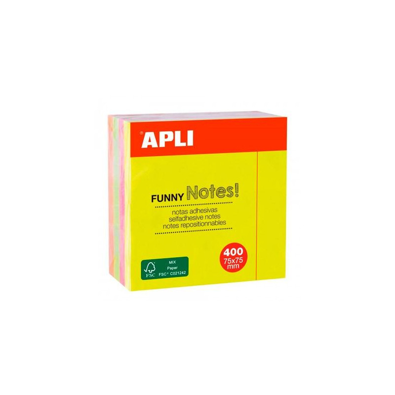 (10974) APLI CUBO DE NOTAS ADHESIVAS FUNNY 75X75MM CUBO DE 400H COLORES FLUORESCENTES SURTIDOS