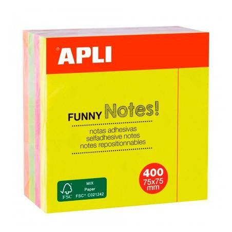 (10974) APLI CUBO DE NOTAS ADHESIVAS FUNNY 75X75MM CUBO DE 400H COLORES FLUORESCENTES SURTIDOS
