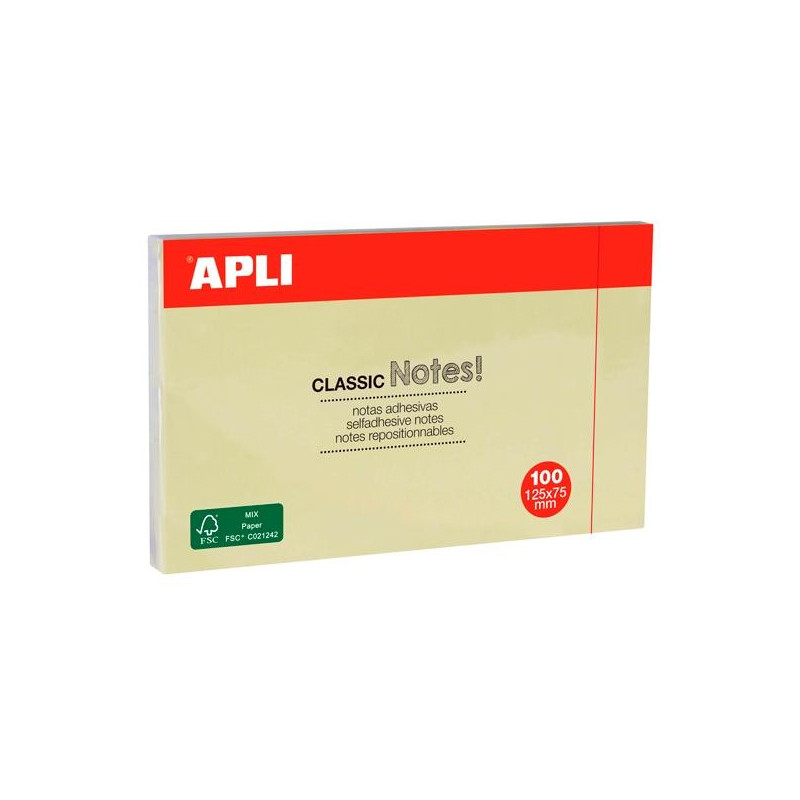 (10976) APLI BLOC NOTAS ADHESIVAS CLASSIC REPOSICIONABLES 100H 125X75 AMARILLO PACK 12 UD