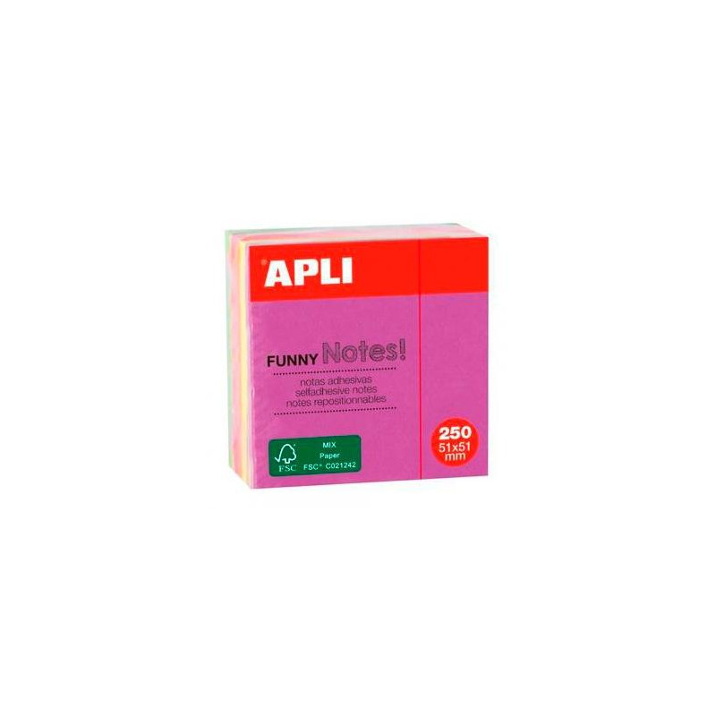 (11596) APLI CUBO DE NOTAS ADHESIVAS FUNNY 51X51MM MINI-CUBO 250H COLORES FLUORESCENTES SURTIDOS
