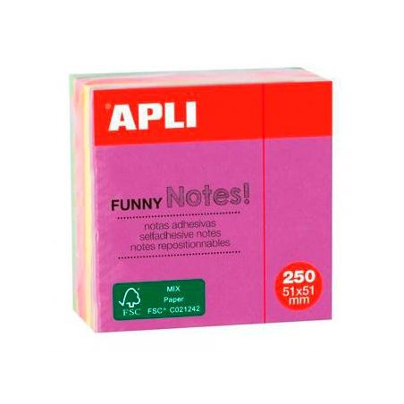 (11596) APLI CUBO DE NOTAS ADHESIVAS FUNNY 51X51MM MINI-CUBO 250H COLORES FLUORESCENTES SURTIDOS