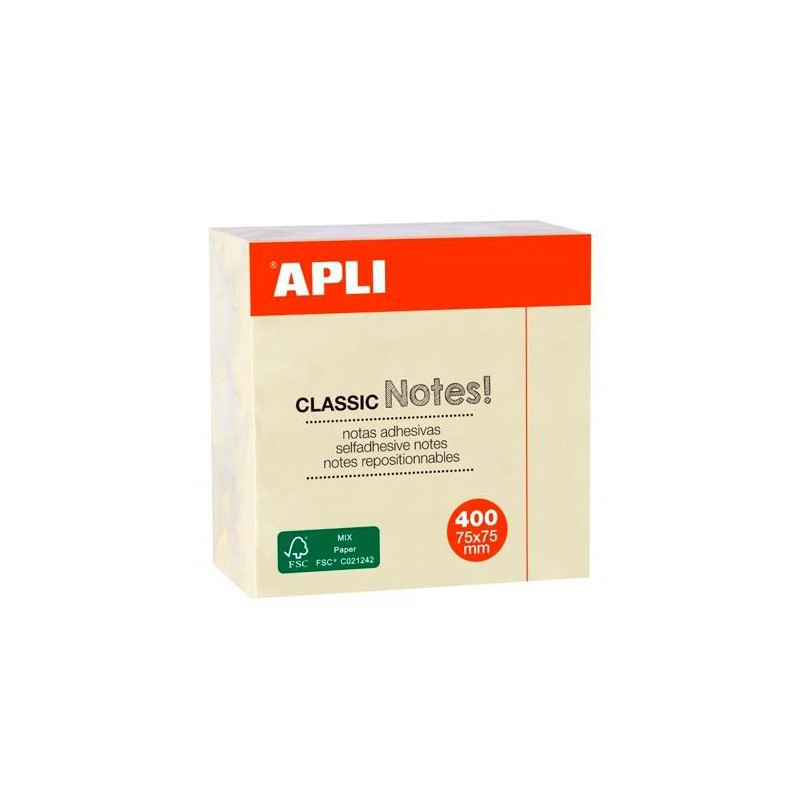 (11597) APLI NOTAS ADHESIVAS CLASSIC 75X75MM CUBO DE 400H AMARILLO