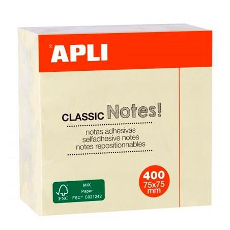 (11597) APLI NOTAS ADHESIVAS CLASSIC 75X75MM CUBO DE 400H AMARILLO