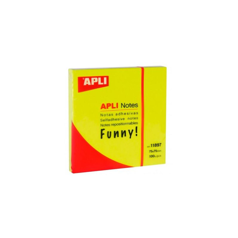 (11897) APLI BLOC NOTAS ADHESIVAS FUNNY REPOSICIONABLES 100H 75X75 AMARILLO FLUORESCENTE PACK 12 UD