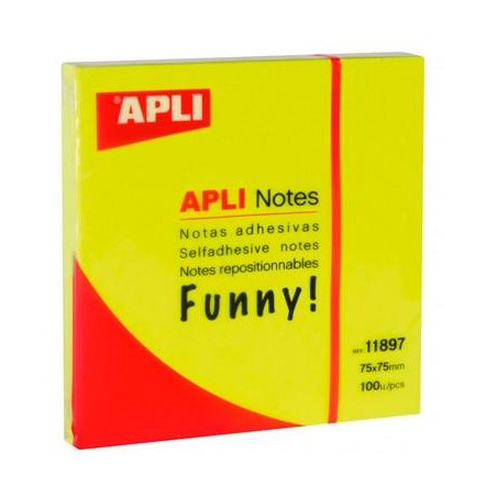 (11897) APLI BLOC NOTAS ADHESIVAS FUNNY REPOSICIONABLES 100H 75X75 AMARILLO FLUORESCENTE PACK 12 UD