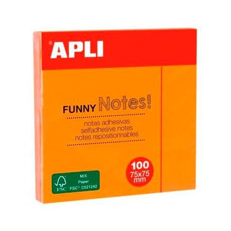 (11900) APLI BLOC NOTAS ADHESIVAS FUNNY REPOSICIONABLES 100H 75X75 NARANJA FLUORESCENTE PACK 12 UD