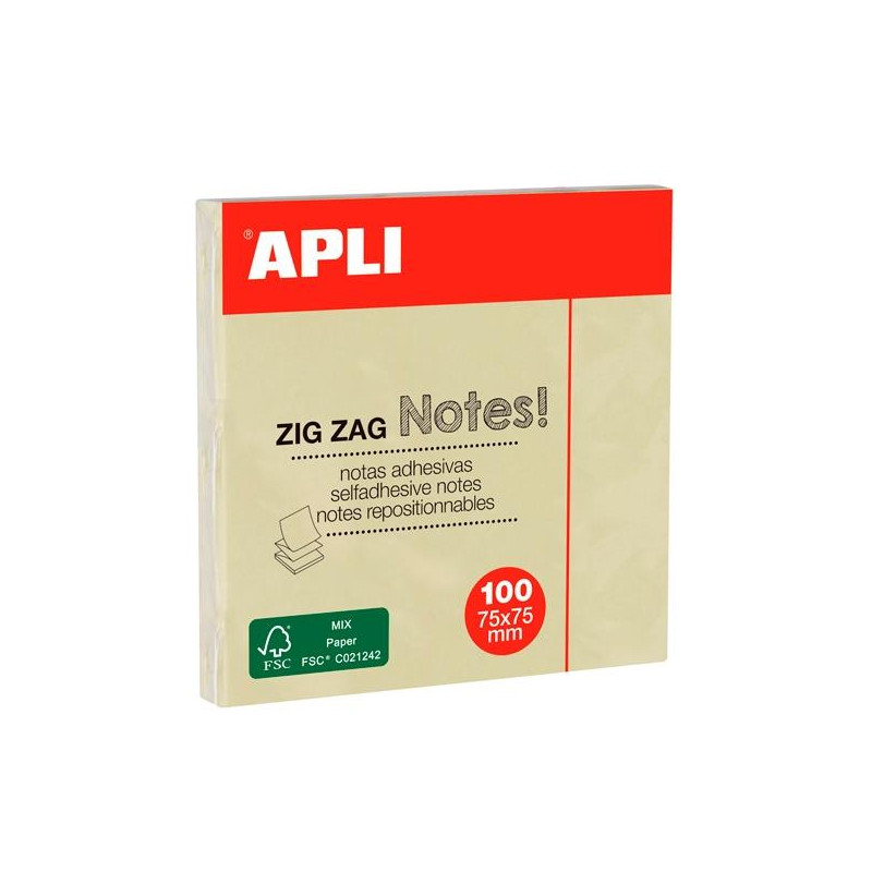 (12078) APLI NOTAS ADHESIVAS ZIGZAG CLASSIC 75X75MM BLOC 100H AMARILLO
