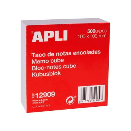 (12909) APLI TACO DE NOTAS ENCOLADAS 500H 100X100MM BLANCO