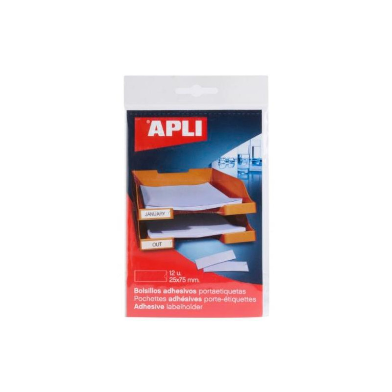 (02616) APLI BOLSILLOS ADHESIVOS PORTAETIQUETAS 25X75MM BOLSA DE 12 TRANSPARENTE