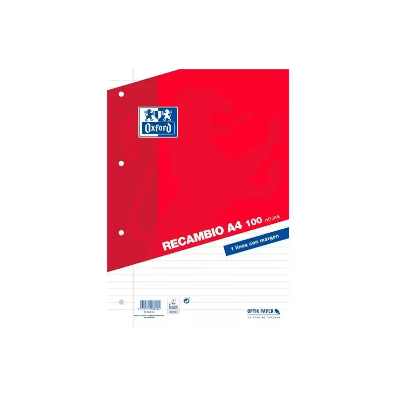 (400173743) OXFORD RECAMBIO CLASSIC 100H A4 SUELTAS 1 LÍNEA C/MARGEN 4 TALADROS ROJO