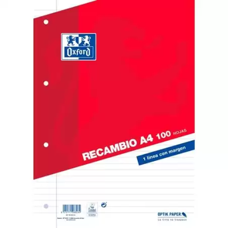 (400173743) OXFORD RECAMBIO CLASSIC 100H A4 SUELTAS 1 LÍNEA C/MARGEN 4 TALADROS ROJO